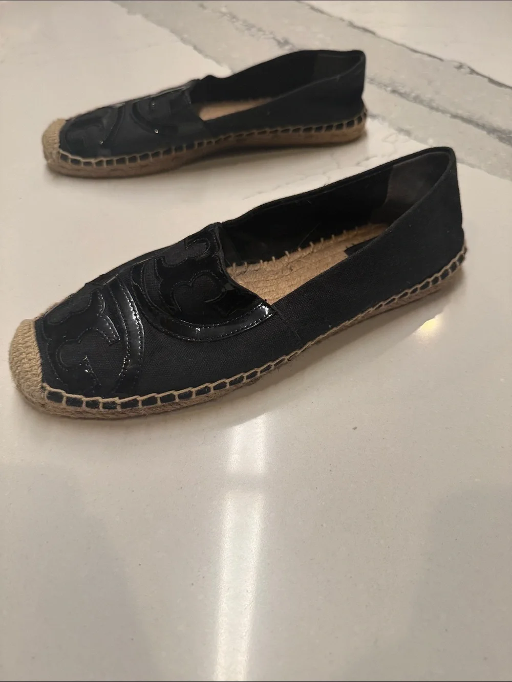 Tory Burch Black Canvas Espadrille Flats with Patent Logo Worn Once Sz8.5